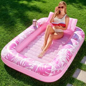 SLOOSH Inflatable Tanning Pool Lounger Float, 70" x 46" Pool Floats Adult with Pillow, 4 in 1 Suntan Tub Raft Floatie,Sunbathing Bed Lounge for Water Blow Up Kids Ball Pit Party Gifts, L, Pink
