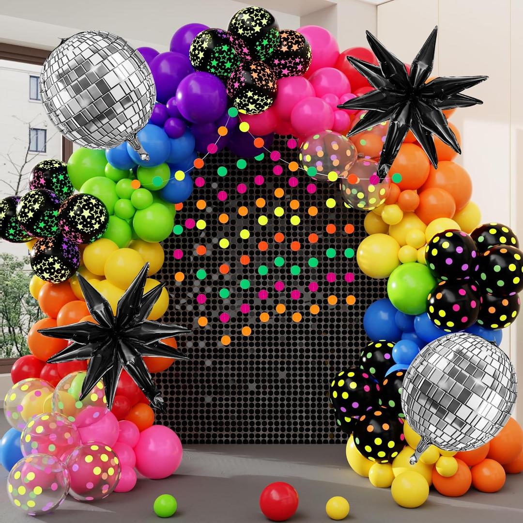 Amandir Glow in the Dark Party Decorations, 80S Disco Rainbow Balloon Arch Garland Kit with Foil Star UV Neon Luminous Balloons 9.8ft Streamer Garland for Back to 90S Prom Birthday Decor