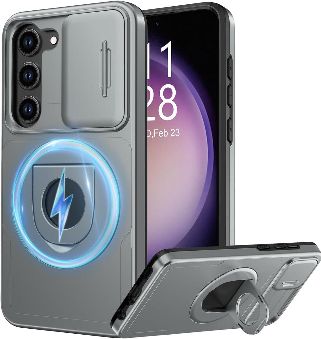 FUNMIKO for Samsung Galaxy S21 Case with Sliding Camera Lens Cover,Wireless Charging Compatible,Magnetic Kickstand,Shockproof Protective Phone Case for Men Women Girls,Grey