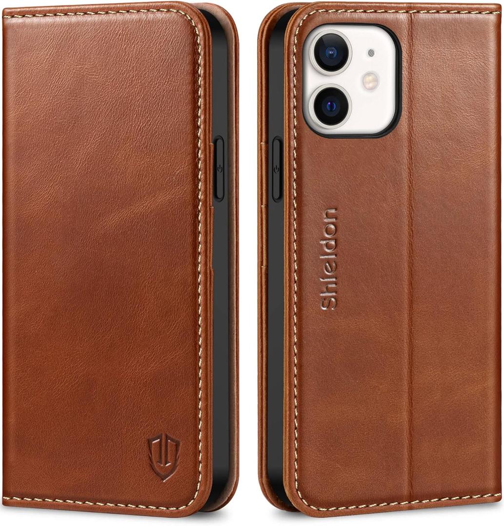 SHIELDON Wallet Case for iPhone 12 5G, Genuine Leather Folio Case Magnetic Shock Absorbing Cover RFID Blocking Credit Card Holder Kickstand Compatible with iPhone 12/12 Pro 6.1" - Retro Brown