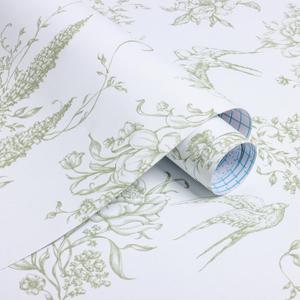Floral Birds Wallpaper Peel and Stick Green and White Contact Paper  16.9"x 118.1" Vintage Floral Self Adhesive Removable Wallpaper Green Flower Contact Paper for Bathroom Kitchen Decor