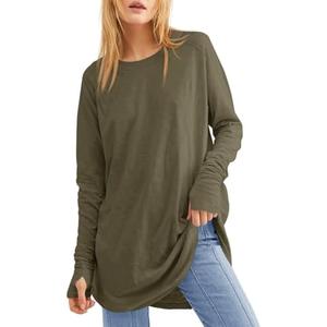 Fisoew Women's Casual Long Sleeve Tops Crew Neck Round Hem Loose T-Shirts Tunic Tops with Thumb Holes L
