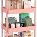 JIUYOTREE 4-Tier Plastic Rolling Storage Cart Utility Cart with Extra Hanging Cups Handles Lockable Wheels for Living Room Bathroom Kitchen Office Pink