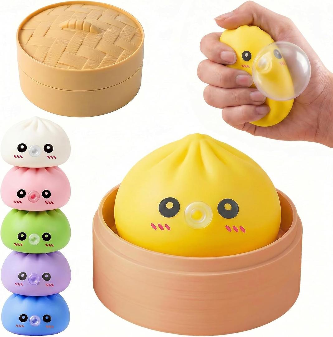 Dumpling Squishy Toy with Bubble Blowing Feature, Squishy Dumpling Stress Relief Toy, Cute Bao Bun Squeeze Toy with Steamer Box, Soft Sensory Fidget Desk Toy Gift (1, Yellow)
