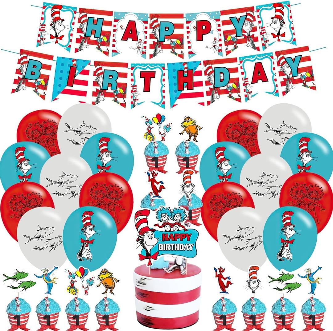 Seuss Cat in the Hat Themed Party Decorations - Happy Birthday Banner, Cupcake Cake Toppers, Balloons for Fans Adults Party Supplies