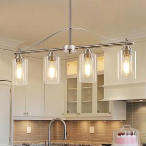 Island Light for Kitchen, 4-Light Linear Chandelier Pendant Lighting for Kitchen Island, Brushed Nickel Dining Room Light Fixture Over Table with Clear Glass Shades