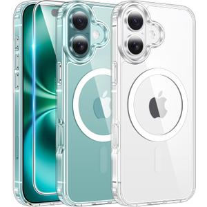 FNTCASE for iPhone 16 Case Clear: Magnetic Phone Cases with Screen Protector Drop Proof Compatible with Magsafe Slim Anti Yellowing Rugged Shockproof Protective Transparent Cell Cover (A-Clear)