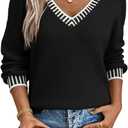 Dokotoo Womens Sweaters Casual V Neck Long Sleeve Contrast Knit Pullover Sweater Solid Fall Outfits Tops (Medium, Black)