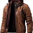FLAVOR Men Brown Leather Motorcycle Jacket with Removable Hood (Large)