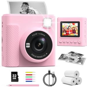 Kids Instant Print Camera, Christmas Birthday Gifts for Girls and Boys, 1080P HD Video Digital Kids Camera with Print Paper & 32G Card, Toddler Toy for 3-14 Years Old (Pink)