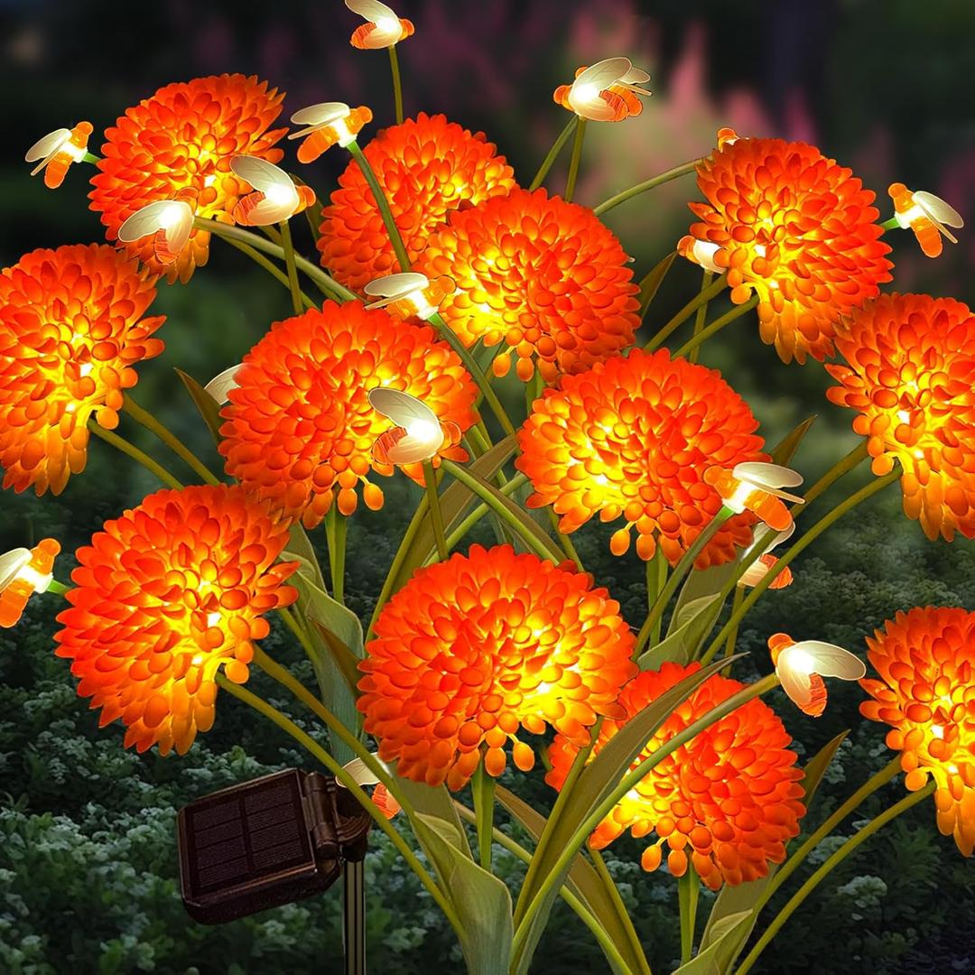 Solar Garden Lights, 8 Pack Solar Swaying Bee Lights with Flowers, Waterproof Firefly Light Outdoor for Garden Patio Yard Pathway Fall Decoration, Gifts for Women Mother's Day (Orange)