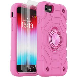 KCJ for iPhone SE Case 2022/2020, iPhone 8/7/6/6S Case, with [2Screen Protectors][Ring Stand] Soft Silicone+Hard PC Full Body Protection Heavy Duty Phone Case 4.7 inch Pink