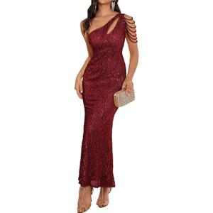 Elegant Sequin Dresses for Wedding Guest One Shoulder Dress for Women with Bead Maxi Formal Gowns (Red, S)
