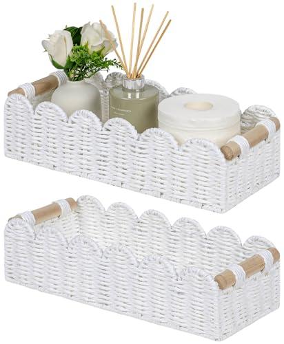CubesLand Bathroom Basket Organizer, Toilet Tank Paper Storage Baskets 2-Pack, Scalloped Decorative Basket for Countertop w/Handle, Wicker Basket for Bathroom Decor, Home Decor, Living Room, White