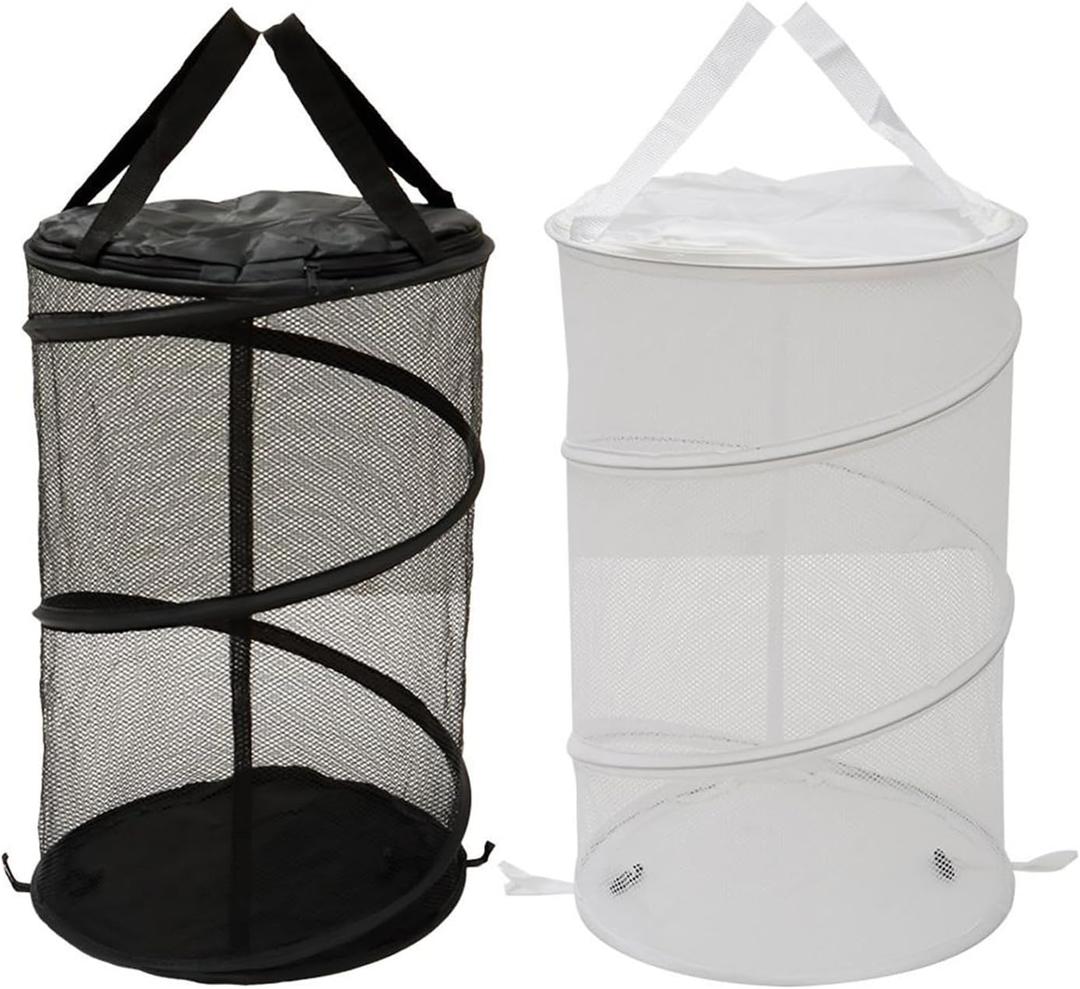 2PCS Large Collapsible Round Popup Laundry Hamper with Lid,Foldable Mesh Hamper with Reinforced Handles and Solid Bottom,White and Black Laundry Basket