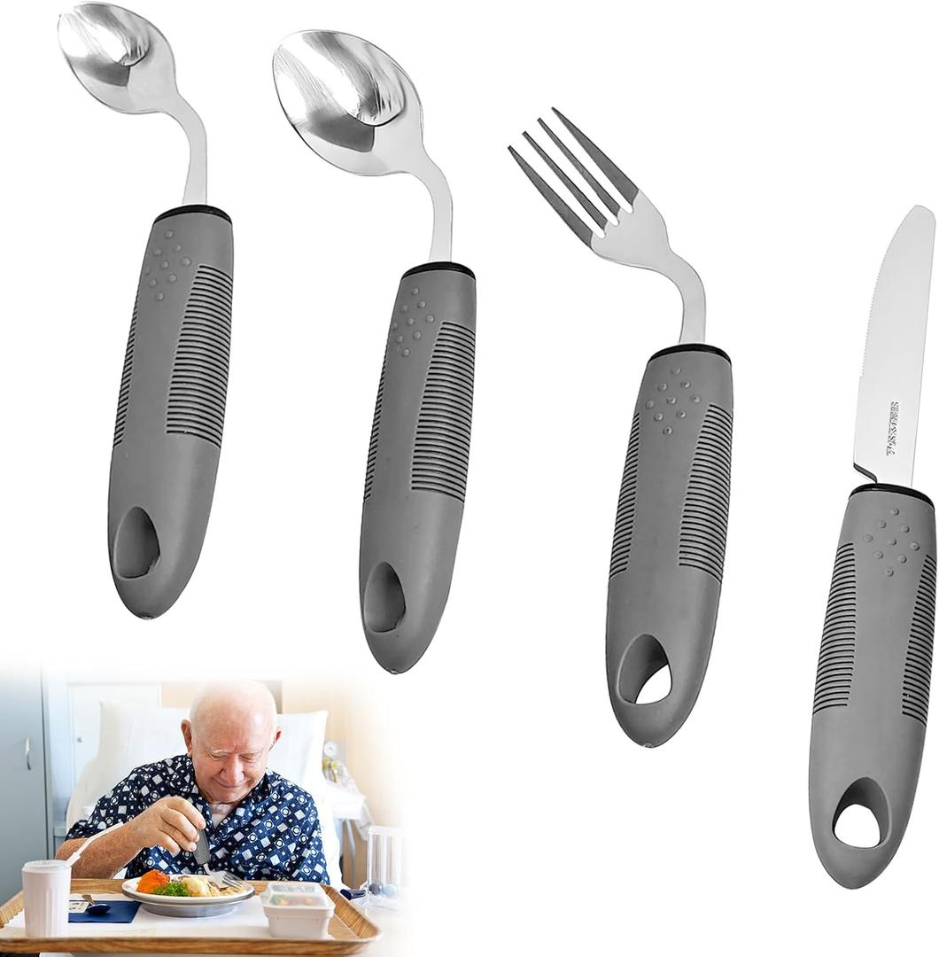 4Pcs Adaptive Utensils 45°Angled Parkinsons Utensils 3.5oz Adaptive Utensils for Elderly Weighted Utensils for Hand Tremors Eating Utensils for Disabled People for Disabled, Parkinson, Left-Handed
