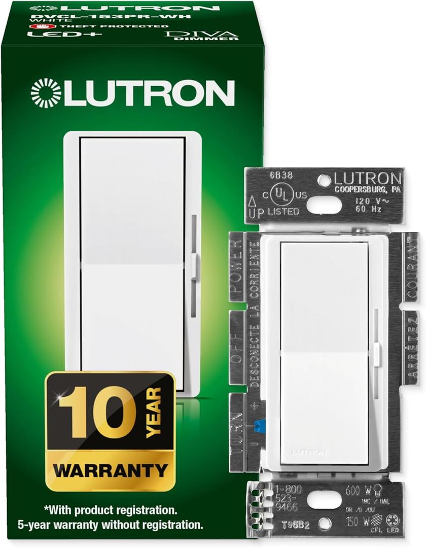 8 Pcs Lutron Diva LED+ Dimmer Light Switch for Dimmable LED, Halogen, and Incandescent Bulbs, 150 Watt, Single-Pole or 3-Way, DVCL-153P-WH, White