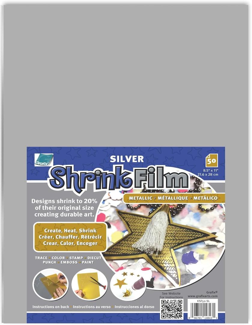 Grafix Metallic Shrink Film - Silver Opaque 8.5"x11" Sheets, Design Your Art and Shrink It to Create Jewelry, Embellishments, Paper Crafts, Gift Tags, Ornaments and More, Pack of 50
