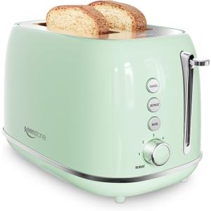 Toaster 2 Slice Stainless Steel Toaster Retro with 6 Bread Shade Settings, Bagel, Cancel, Defrost Function, 2 Slice Toaster with Extra Wide Slot, Removable Crumb Tray (Green)