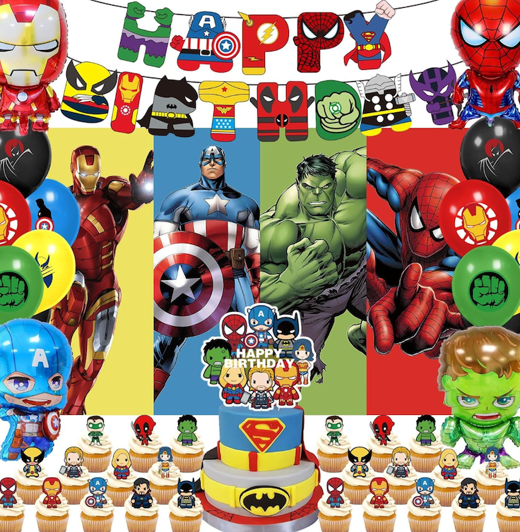 xisudwwdj 55 Pcs Hero Party Decorations,Birthday Decorations Include Banners,Cake Topper,Cupcake Topper,Latex Balloon,Shaped Aluminum Balloon,Backdrop Super Movie Theme Party