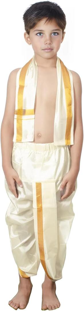 Chandrakala Dhoti & Angvastram Set for Boys, South Indian Dress with Golden Border (KB105-P) Size 10