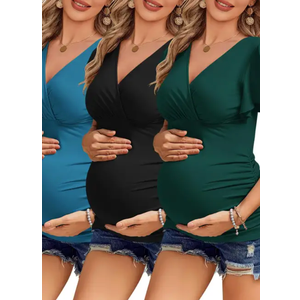 Ekouaer Women's Maternity Shirts 3 Packs Nursing Tops Flying Short Sleeve Breastfeeding Tees Side Ruched Pregnancy Clothes Size XL