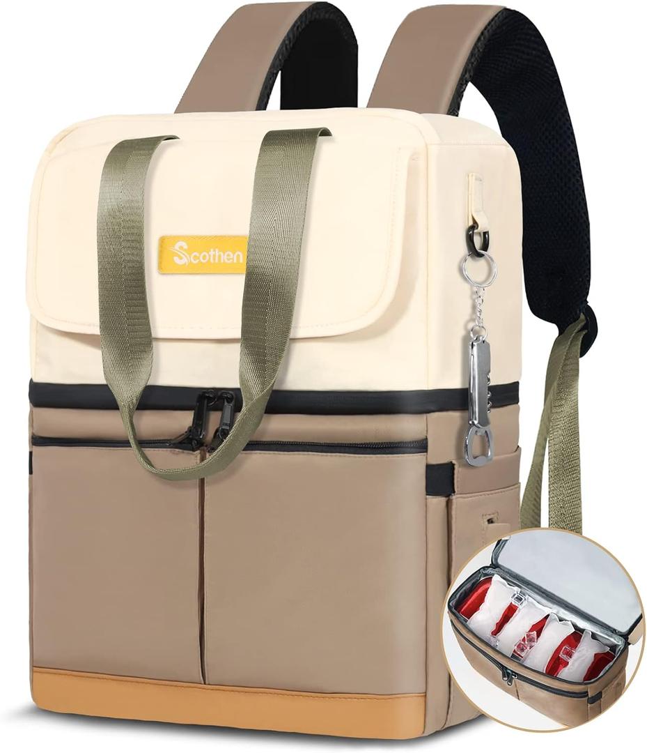 Scothen Backpack Cooler with Double Decker & 12 Ice Packs- Keeps 36 Cans Cold for Up to 24 Hours- Waterproof & Leak Proof Insulated Cooler Backpack- Stylish Cooler Bookbag for Women Travel Work Beach