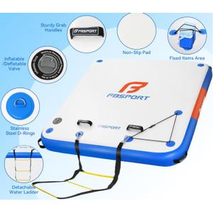 FBSPORT Inflatable Floating Dock,6ft/ 8ft/10ft Swim Air Platform Island Raft Mat with None-Slip Surface,6 Inch Thick PVC Construction, Floating Platform for Pool Beach Ocean (blue) , 6*5*0.5ft