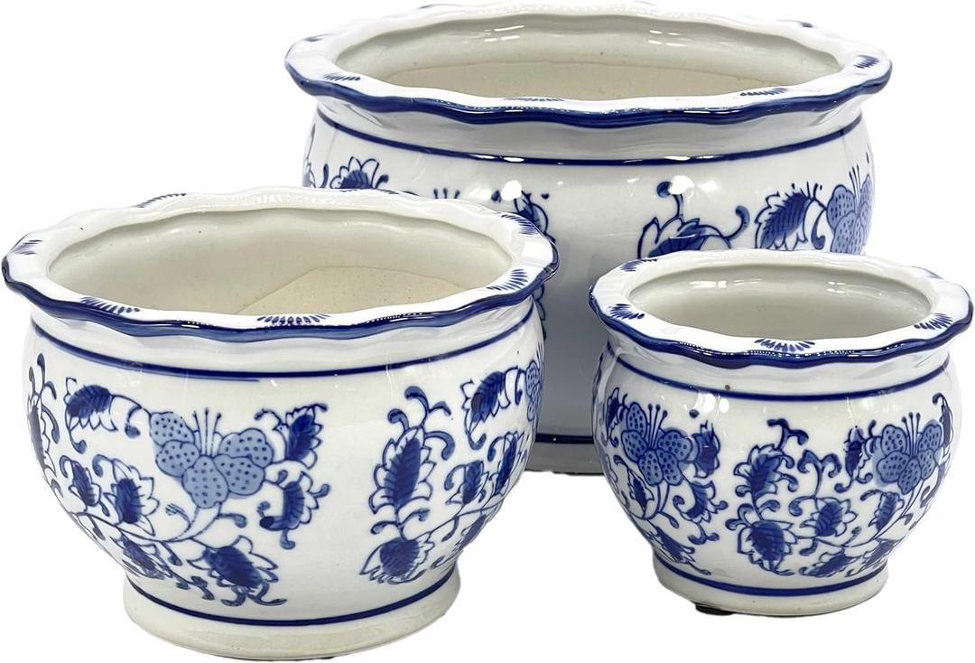 Galt International Blue & White Floral Porcelain Ceramic Decorative Compact Flower Pot 8"/6"/4.5" Diameter Garden Pots Chinese Asian Design - Set of 3 Round Pots