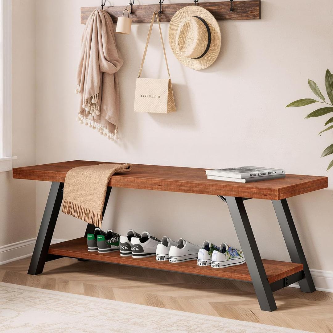 IBF Farmhouse Wood Bench, Industrial Storage Entryway Indoor Bench for Bedroom Hallway Living Room, Rustic Wooden Metal Shoe Rack Accent Foyer Bench Seat for Entrance Sitting, Rustic Brown, 47 in Long