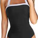RXRXCOCO Women Retro One Piece Swimsuit Tummy Control Halter Vintage Bathing Suit (Large, Black)