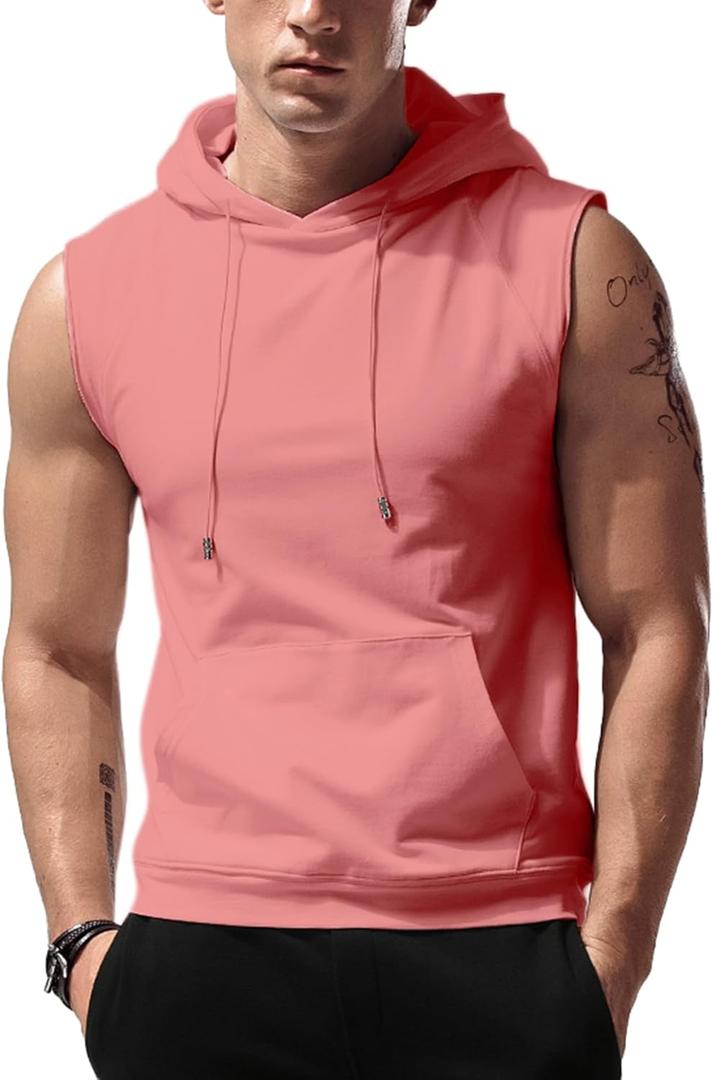 Amussiar Men's Workout Hooded Tank Tops Sleeveless Gym Training Hoodies Bodybuilding Muscle Cut Off T Shirt (Medium, Pink)