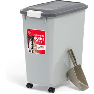 IRIS USA Dog Food Storage Container with Wheels, Airtight Lid, 2-Cup Scoop, Up to 40 Pounds Pet Food Storage, Built in Scoop Storage in Lid, Versatile Pet Food Bin, Portable, BPA Free, Gray/Dark Gray