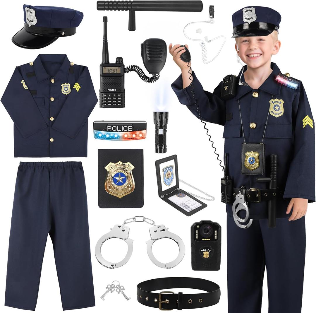 Police Costume for Kids, Cop Pretend Play Toys for Dress Up, Role Play Set with Handcuffs, Flashlight, Police Badge for Kids Boys and Girls 3-8, Halloween Costumes, Birthday Christmas Gifts