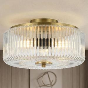 AUQUEE 3-Light Gold Flush Mount Ceiling Light, 11.8" Modern Hallway Light Fixtures Ceiling Mount with Ribbed Clear Glass Shade, Bright Close to Ceiling Lamp for Bedroom/Kitchen/Entryway/Dining Room, 11.8inch Full Flush