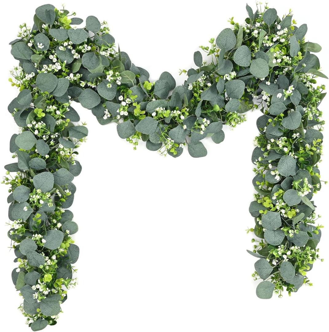 Waipfaru 2Pcs Eucalyptus Garland, 5.9FT Greenery Garland, Green Garland with Flowers, Artificial Faux Silver Dollar Eucalyptus Leaves Vines for Table Home Wedding Mantle Party Indoor Outdoor Decor