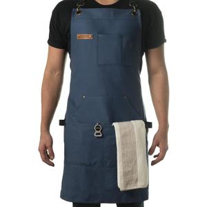 Asaya Chef and BBQ Apron with Bottle Opener and Hand Towel - 10oz Cotton Canvas, Stainless Steel Hardware - Cross Back Straps (Blue)