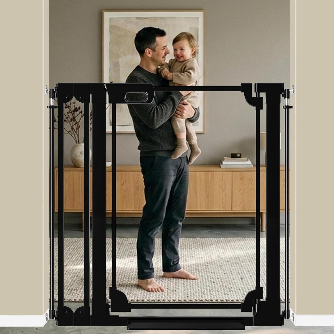 WAOWAO 40" Extra Tall Clear Acrylic Dog Gate for Baby and Kids with Double Lock, 29.5"-37.37" Width, Safety Auto Close Pet Gate for Baby and Pets, Fits Doorways, Kitchen, and Entryways, Black