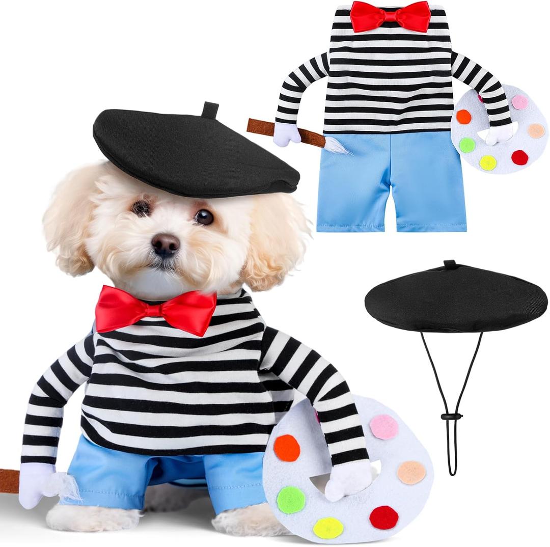 Dansydaisy Halloween Dog Costume Funny French Artist Dog Costume with Hat Painter Pet Clothes T-Shirt Jeans Beanie Beret Ties for Halloween Cosplay Brithday Party(S)