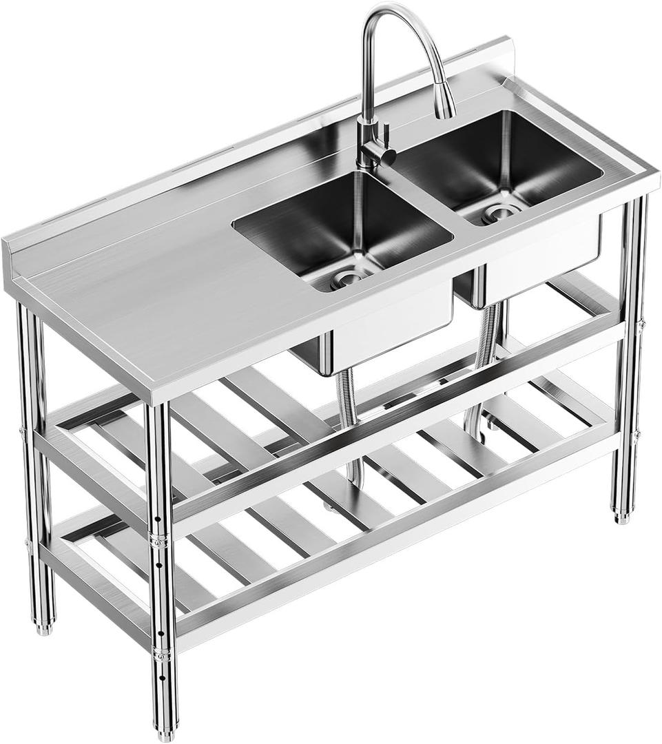 47"x18"x32" Stainless Steel Utility Sink, Freestanding Double Bowl with Pull-Out Faucet & Hot/Cold Water Pipe, NSF Certified Commercial Kitchen Sink for Restaurant, Laundry Room, Bathroom