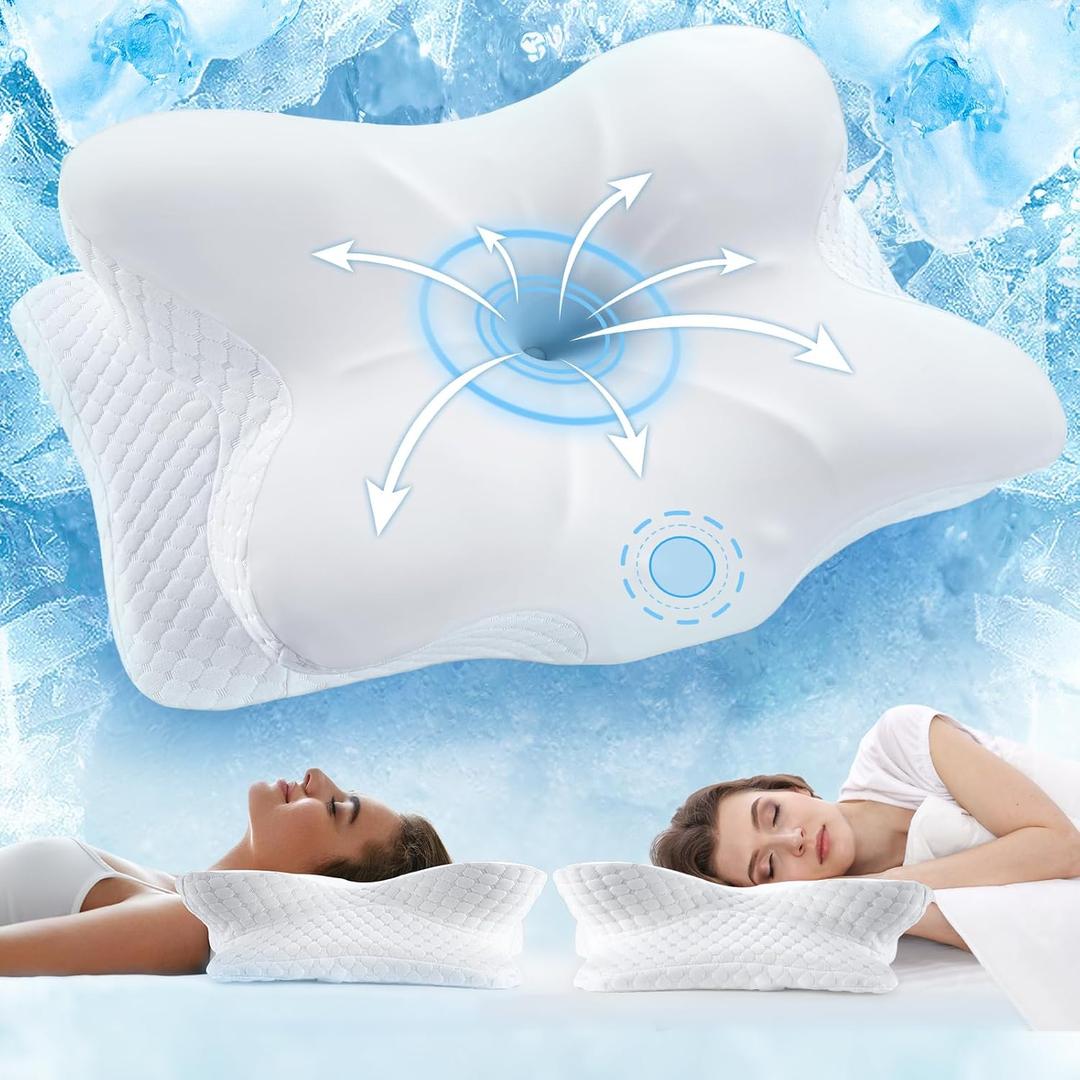 Cervical Neck Pillow for Pain Relief - Cooling Memory Foam Pillows for Sleeping, Ergonomic Side Sleeper Pillow for Neck Support, Contour Pillow Orthopedic Bed Pillow for Back Stomach Sleepers (Clean White)