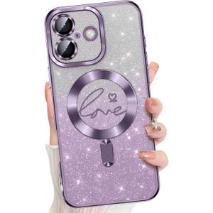 Misscase Magnetic Glitter Case for iPhone 17,Gradient Love Hearts Plating Phone Case Compatible with MagSafe,Built-in Camera Lens Protector,Cute Full Cover Protection Case for Women-Purple