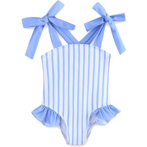 Girl Bathing Suits Adjustable Straps Swimwear Ruffled One Piece Swimsuit Girls with Sun Protection 4-5T Blue Stripe (Blue, S)