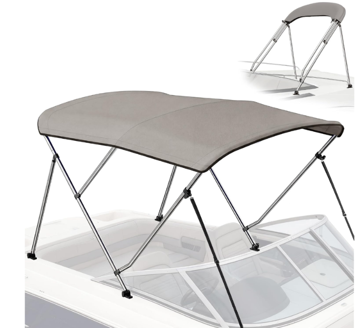 Bimini Top for Boats - 900D Waterproof & UV-Proof Polyester Sun Shade Boat Canopy with Zippered Storage Boot, 2 Rear Poles, 4 Adjustable Straps, Boat Bimini Top Gray (3 Bow 6'L x 46"H x 54"-60"W)