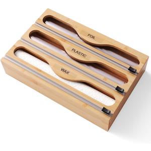 Wrap Dispenser with Cutter and Labels, Plastic Wrap Organizer For Kitchen,Bamboo 3-in-1 Wrap Dispensers for Cling Wrap Aluminum Foil and Wax,Storage Organization HolderNatural