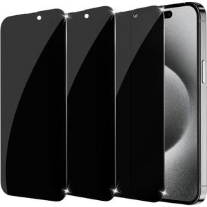 sorlnern 3-Pack for Privacy Screen Protector for iPhone 15/15 Pro, Sensor Protection, Anti Spy Private Tempered Glass Film, Touch Sensitive, Bubble-Free, 9H Hardness Screen Protection 6.1 Inch