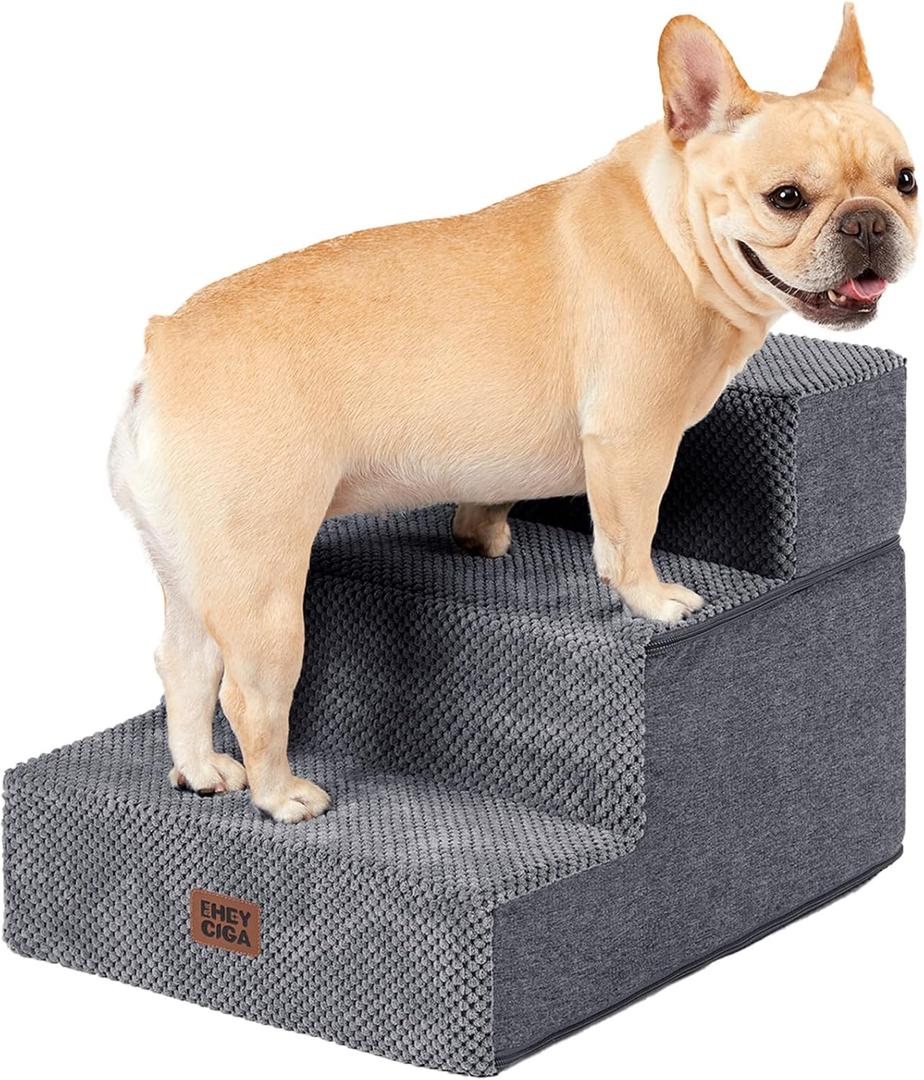 EHEYCIGA Dog Stairs for Small Dogs 13.5" H, 3-Step Dog Steps for Couch Sofa and Chair, Pet Steps for Medium Cats, Non-Slip Balanced Pet Ramp Indoor, Grey