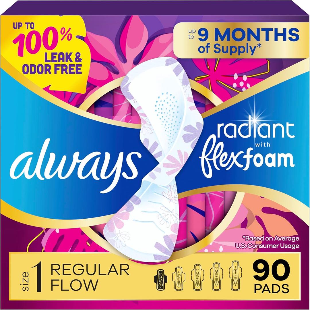 Always Radiant Feminine Pads for Women, Flexfoam Pads with Wings, Size 1, Regular Absorbency, Lightly Scented, 90 Count (3 Packs of 30)