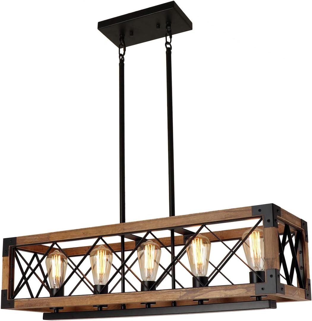Giluta Rectangle Wood Chandelier Farmhouse Style Dining Room Kitchen Lighting Fixtures, 5 Lights Ceiling Hanging Pendant Lighting UL Listed, 31.6" * 10"*7.8"