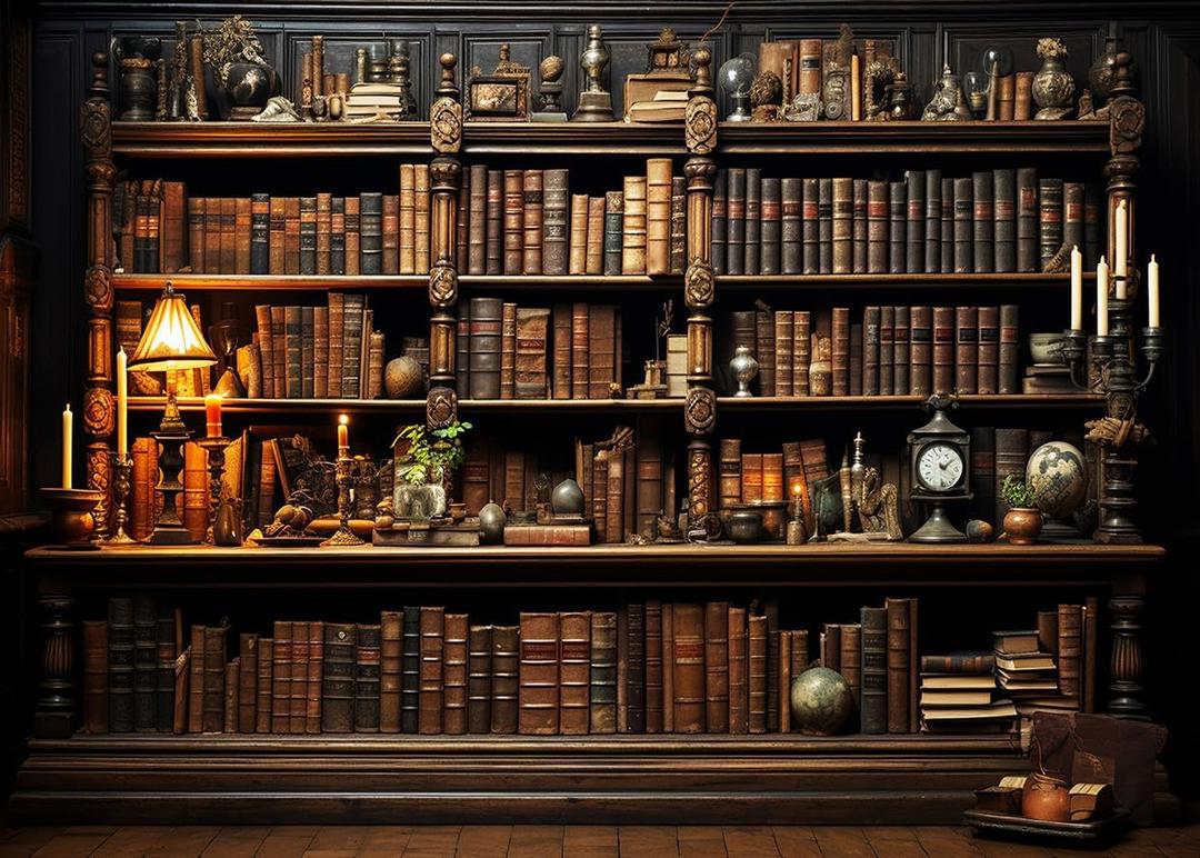 LYWYGG 7X5FT Vintage Bookshelf Backdrop Retro Library Wall Photography Backdrops Classical Study Room Medieval Castle Theme Party Decorations Banner CP-613